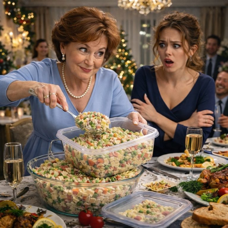 — Ира, не жадничай. Еды полно, никто из гостей не заметит, — заявила свекровь и продолжила перекладывать оливье в контейнер